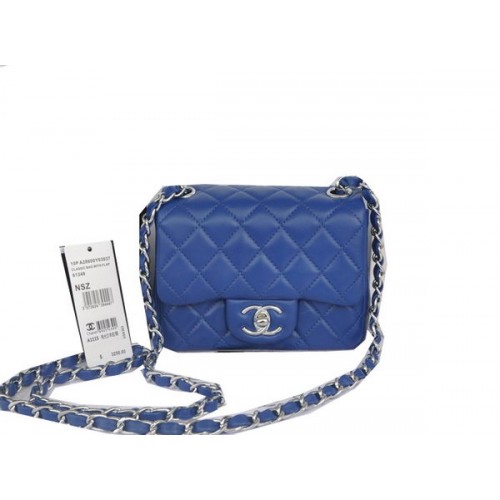 Chanel mini Classic Flap Bag Blauw Origineel Sheekskin CHA1115 Zilver