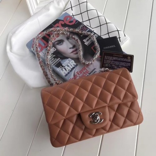 Chanel mini Classic Flap Bag Bruin Origineel Schapenleer A1116 Zilver