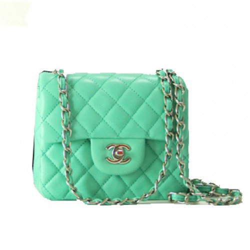 Chanel mini Classic Flap Bag groen leer 1115 zilveren ketting