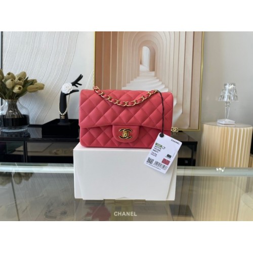 Chanel mini Classic Flap Bag Origineel Schapenleer A1116 Watermeloenrood & Goudkleurig Metaal