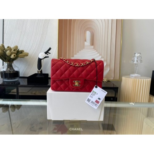 Chanel mini Classic Flap Bag Original Schapenleer A1116 rood & goudkleurig metaal
