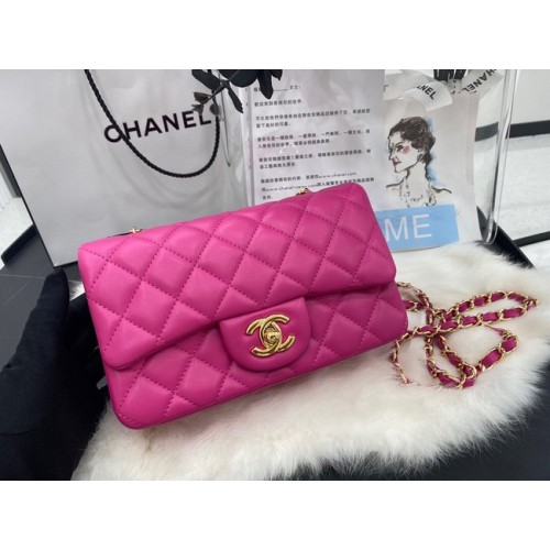 Chanel mini Classic Flap Bag Origineel schapenvacht leer A1116 rose & goudkleurig metaal