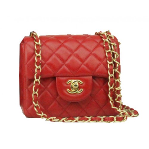 Chanel mini Classic Flap Bag rood leer 1115 gouden ketting