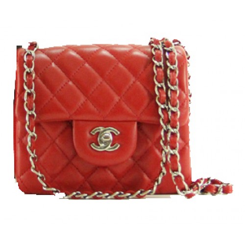 Chanel mini Classic Flap Bag rood leer 1115 zilveren ketting