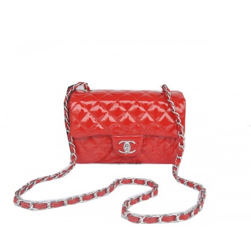 Chanel mini Classic Flap Bag Rood Origineel Patent CHA1116 Zilver