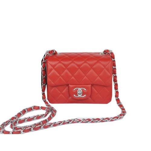Chanel mini Classic Flap Bag Rood Origineel Sheekskin CHA1115 Zilver