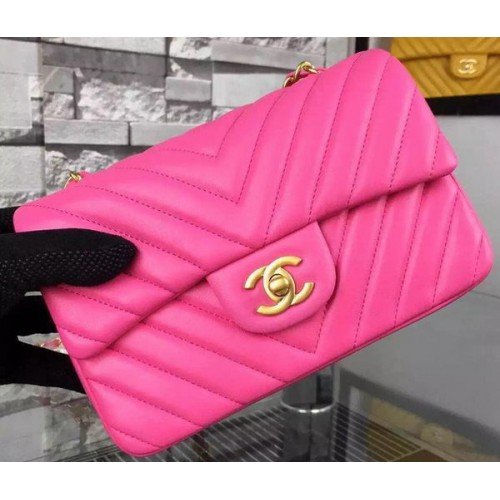 Chanel mini Classic Flap Bag Rose Origineel Schapenvacht Chevron Leer CHA5500 Goud