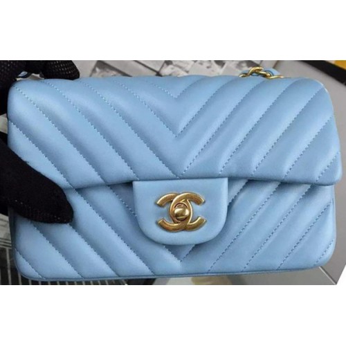 Chanel mini Classic Flap Bag SkyBlue Origineel Schapenvacht Chevron Leer CHA5500 Goud
