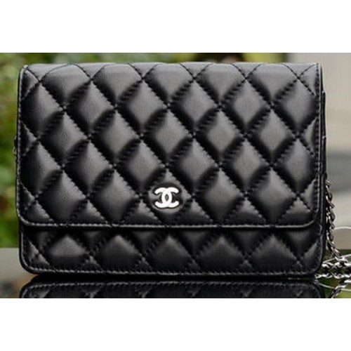 Chanel mini Flap Bag Zwart Schapenleer A33814 Zilver