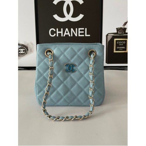 Chanel mini-schoudertas Kaviaar kalfsleer & goudkleurig metaal AB3176 blauw