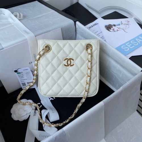 Chanel mini-schoudertas Kaviaar kalfsleer & goudkleurig metaal AS3176 wit