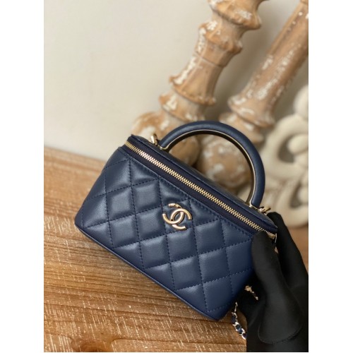 Chanel mini Schoudertas Lamsleer Goudkleurig Metaal 81208 donkerblauw
