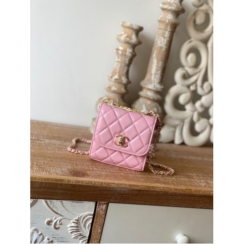 Chanel mini Schoudertas Lamsleer Goudkleurig Metaal 88631 roze