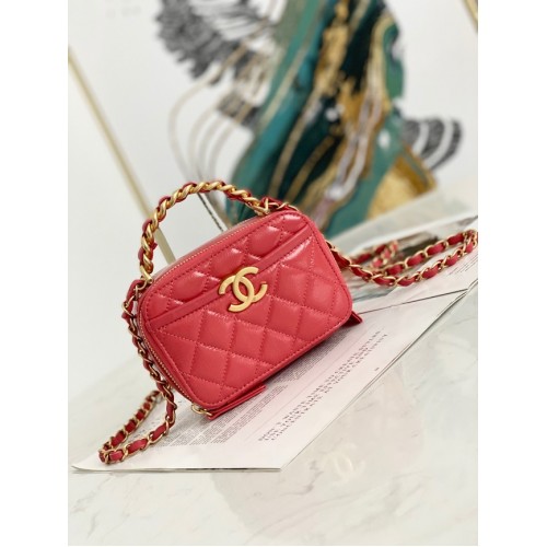 Chanel mini Schoudertas Lamsleer Goudkleurig Metaal AS2178 rood