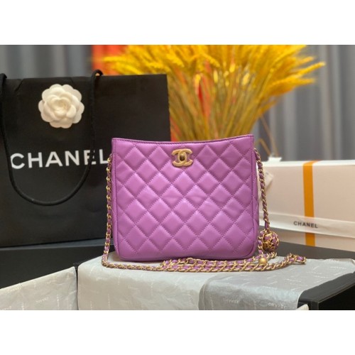 Chanel mini-schoudertas Lamsleer en goudkleurig metaal AS3259 paars