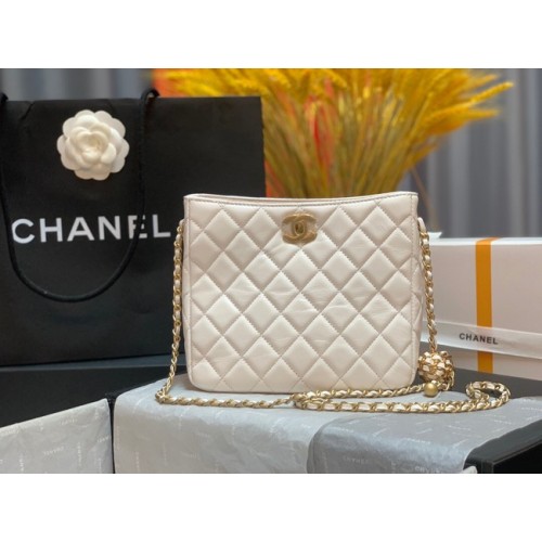 Chanel mini-schoudertas Lamsleer en goudkleurig metaal AS3259 wit