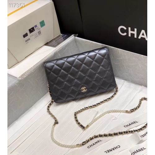 Chanel mini portemonnee aan ketting Goudkleurig metaal A84277 zwart