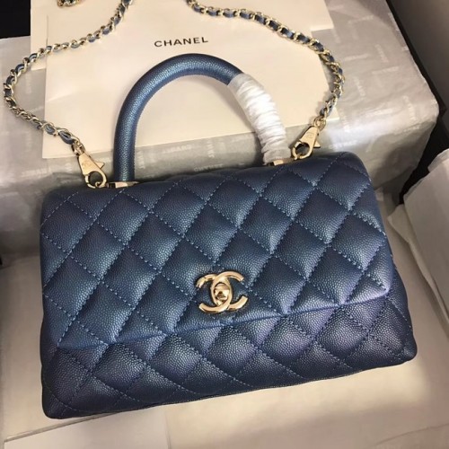 Chanel originele Caviar lederen flap tas bovenhandvat A92290 blauw & goudkleurig metaal