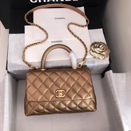 Chanel originele Caviar lederen flap tas bovenhandvat A92290 brons en goudkleurig metaal
