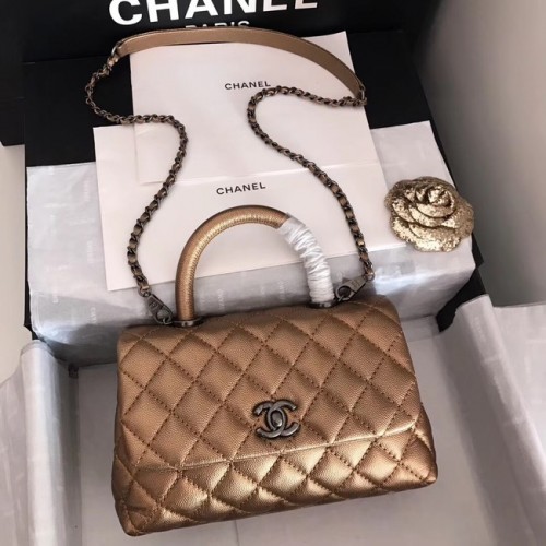 Chanel originele Caviar lederen flap tas bovenhandvat A92290 brons&zilverkleurig metaal