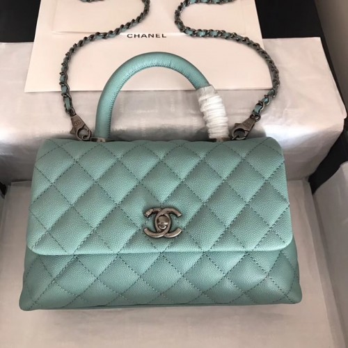 Chanel originele Caviar lederen flap tas bovenhandvat A92290 groen & zilverkleurig metaal