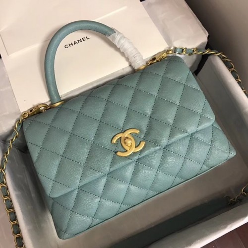 Chanel originele Caviar lederen flap tas bovenhandvat A92290 groen & goudkleurig metaal