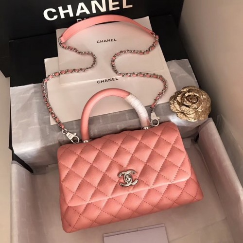 Chanel originele Caviar lederen flap tas bovenhandvat A92290 roze&zilverkleurig metaal