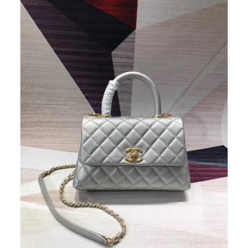Chanel originele Caviar lederen flap tas bovenhandvat A92290 zilverachtig en goudkleurig metaal