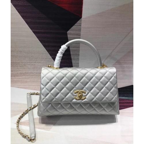 Chanel originele Caviar lederen flap tas bovenhandvat A92291 zilverachtig en goudkleurig metaal
