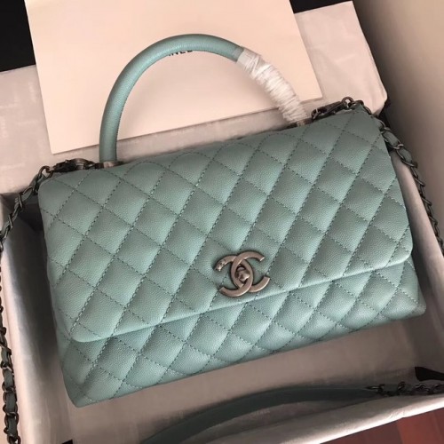 Chanel originele Caviar lederen flap tas bovenhandvat A92292 groen & zilverkleurig metaal