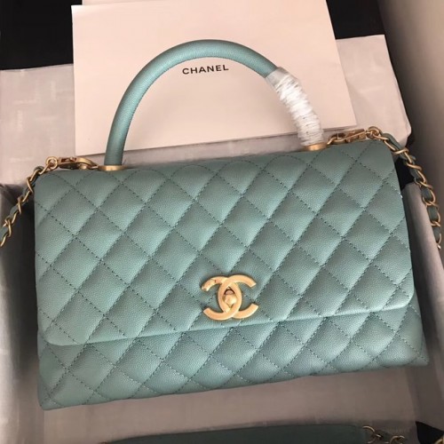 Chanel originele Caviar lederen flap tas bovenhandvat A92292 groen & goudkleurig metaal