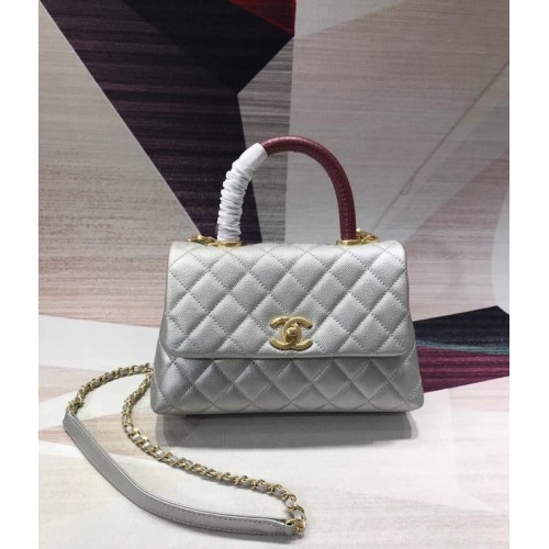 Chanel originele Caviar lederen flap tas bovenhandvat B92290 zilverachtig en goudkleurig metaal