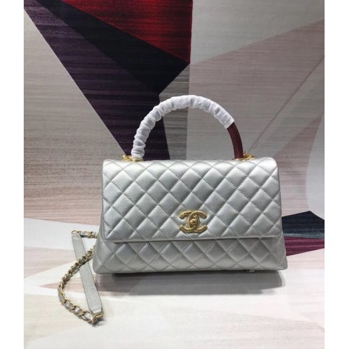 Chanel originele Caviar lederen flap tas bovenhandvat B92291 zilverachtig en goudkleurig metaal