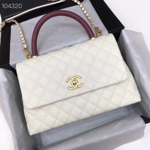 Chanel originele Caviar lederen tas met klep boven handvat B92292 wit & goudkleurig metaal