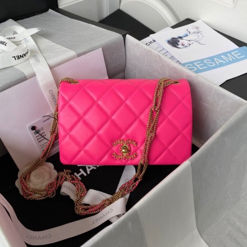 Chanel kleine FLAP BAG Lamsleer Goudkleurig Metaal AS3386 roze