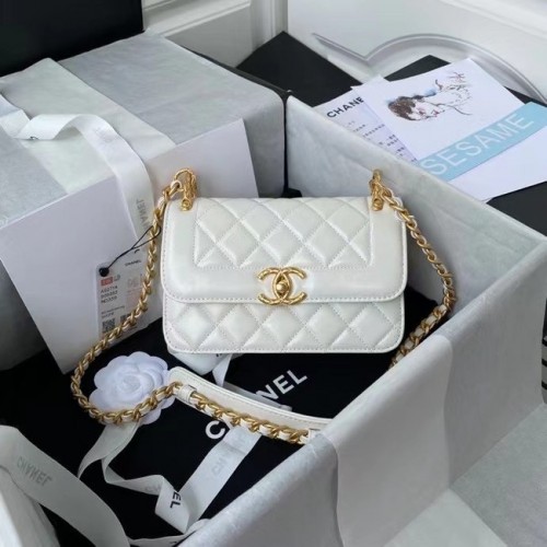 Chanel kleine Flap Schoudertas Origineel leer AS2714 wit