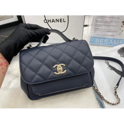 Chanel kleine flap bag Kalfsleer goudkleurig metaal A93749 donkerblauw