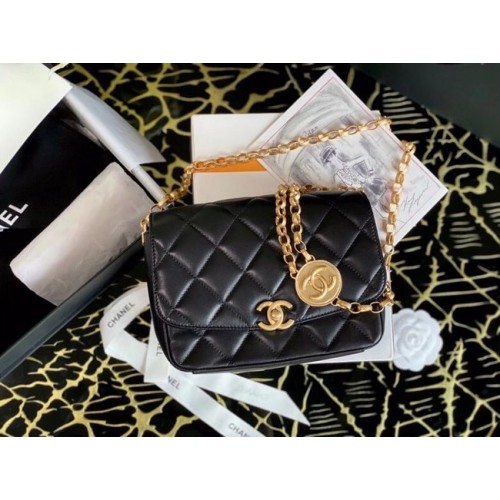 Chanel kleine flap bag Lamsleer goudkleurig metaal AS2189 zwart
