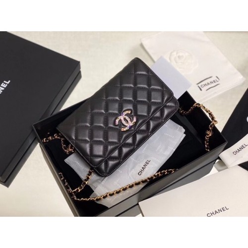 Chanel portemonnee aan ketting Lamsleer Gelakt Goudkleurig Metaal AP2021 zwart