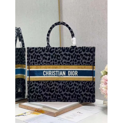 DIOR BOOK TOTE Geborduurd C1286-4 Zwart-grijze luipaardprint