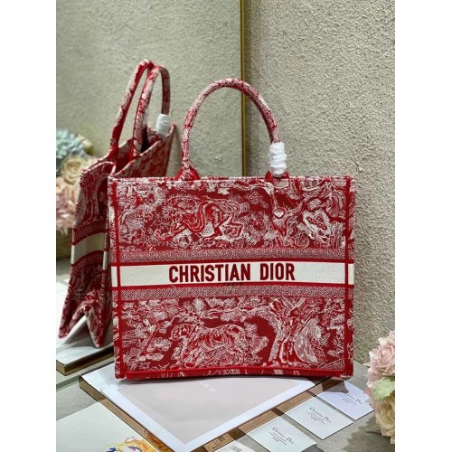 DIOR BOOK TOTE Raspberry Toile de Jouy omgekeerd borduursel M1286ZR ROOD