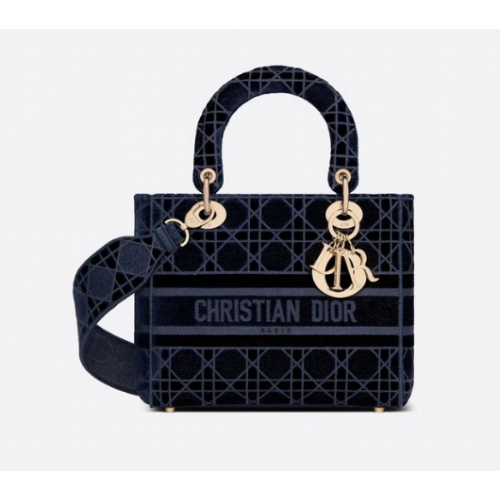 DIOR MEDIUM LADY D-LITE TAS Blauw Cannage geborduurd fluweel M0565