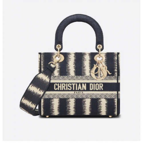 DIOR MEDIUM LADY D-LITE TAS Blauwe D-strepen borduursel M0565
