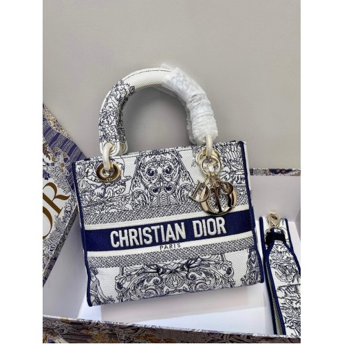 DIOR MEDIUM LADY D-LITE TAS Blauw Toile de Jouy omgekeerd borduursel M0565ORGO