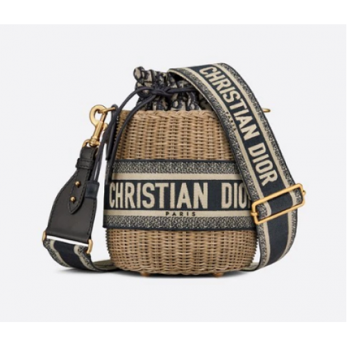 DIOR RIETTEN BUCKET TAS Blauw Dior Oblique jacquard en natuurlijk wicker M7600C