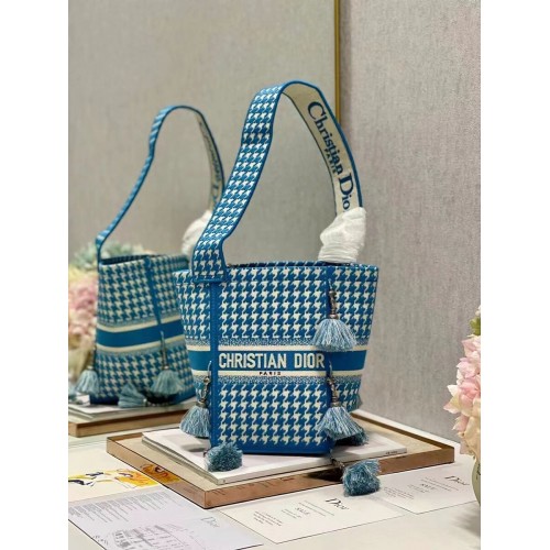 Dior Bubble Maple Leaf Geborduurde Bucket Bag C1076 blauw