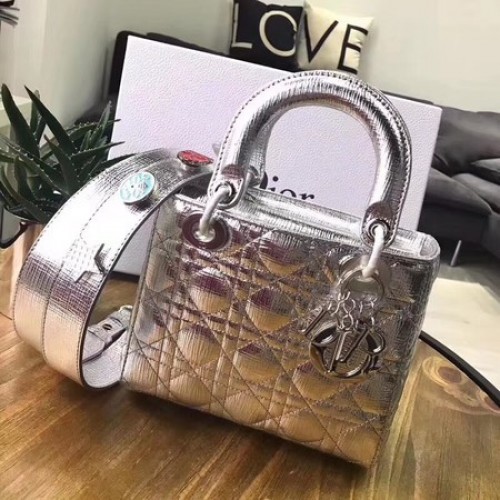 Dior Lucky Badges originele leren tas van schapenvacht 88034 zilver