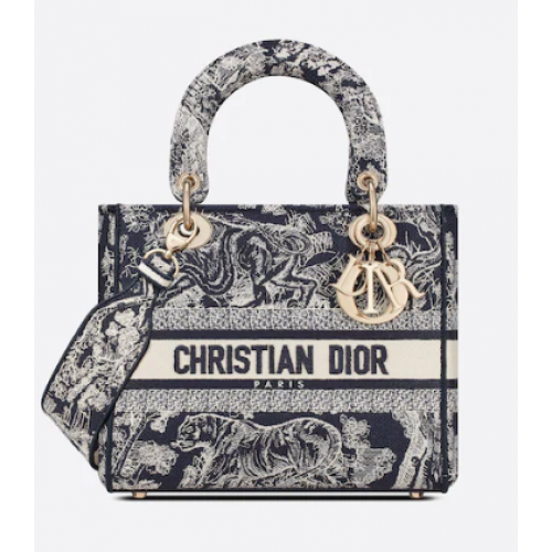 Dior MEDIUM LADY D-LITE TAS Blauw Toile de Jouy omgekeerd borduursel M0565