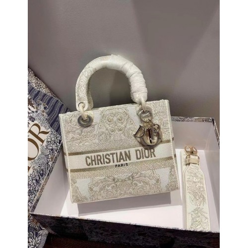 Dior MEDIUM LADY D-LITE TAS Geborduurd M0565OJA creme