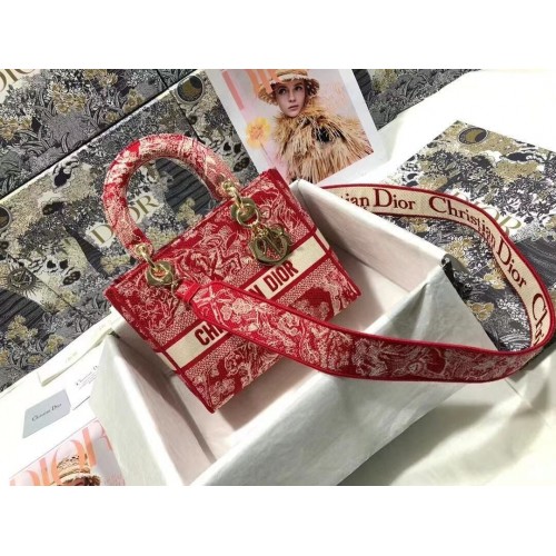 Dior MEDIUM LADY D-LITE TAS Denim geborduurd met bloemen M0565OJA Rood